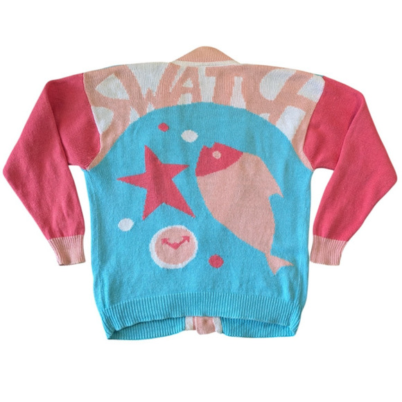 Vintage Swatch Clock Fish Star Graphic Punk Sweater Cardigan 1980s Button Front - Picture 1 of 16